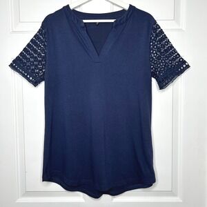 Zattcas Navy Blue Crochet Sleeve‎ Top V-Neck Casual Blouse Women's Size L